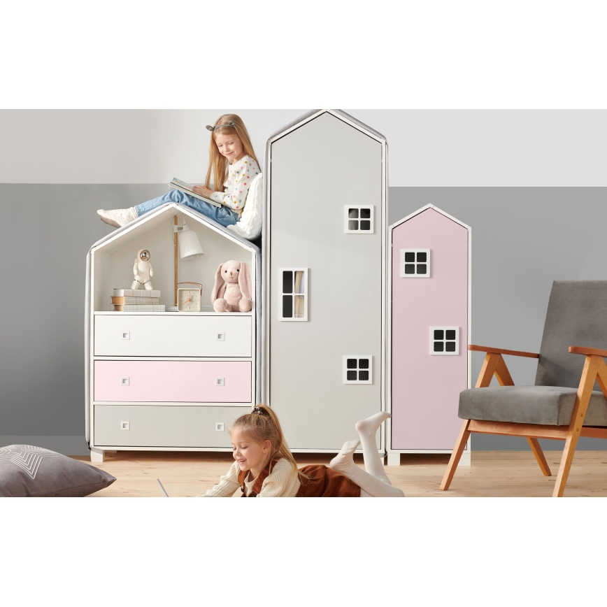 Kinderkast MIRUM 126x80 cm wit/grijs/roze