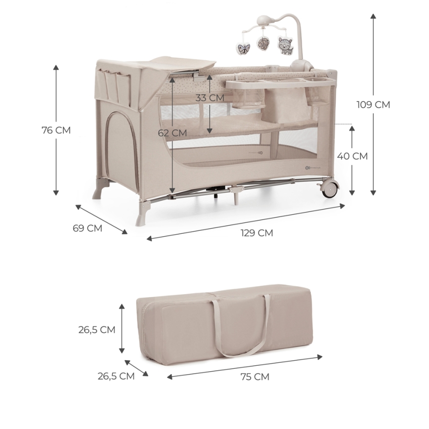 KINDERKRAFT - Berceau de voyage JOY 2 avec accessoires beige