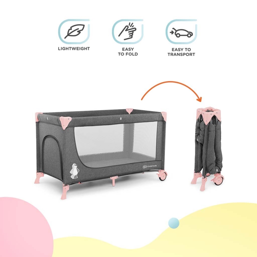 KINDERKRAFT - Berceau de voyage JOY avec accessoires gris-rose