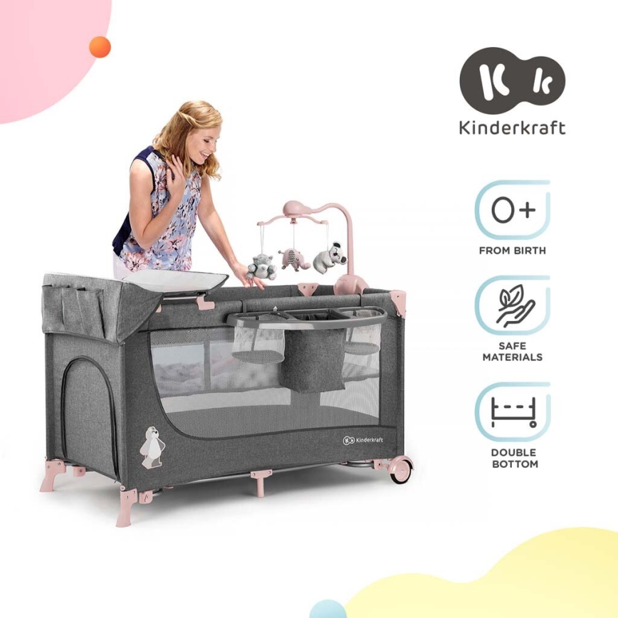 KINDERKRAFT - Berceau de voyage JOY avec accessoires gris-rose