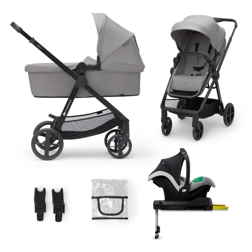 KINDERKRAFT - Combinatiekinderwagen 4v1 NEWLY Klassiek grijs + autostoel MINK PRO met basis ISOFIX