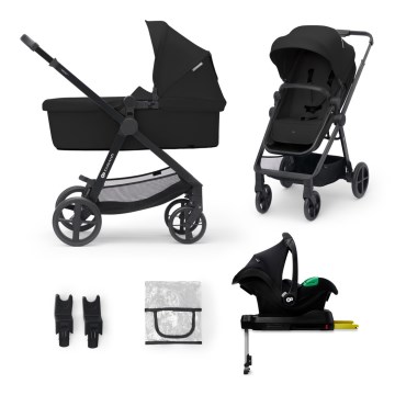 KINDERKRAFT - Combinatiekinderwagen 4v1 NEWLY Klassiek zwart + autostoel MINK PRO met basis ISOFIX