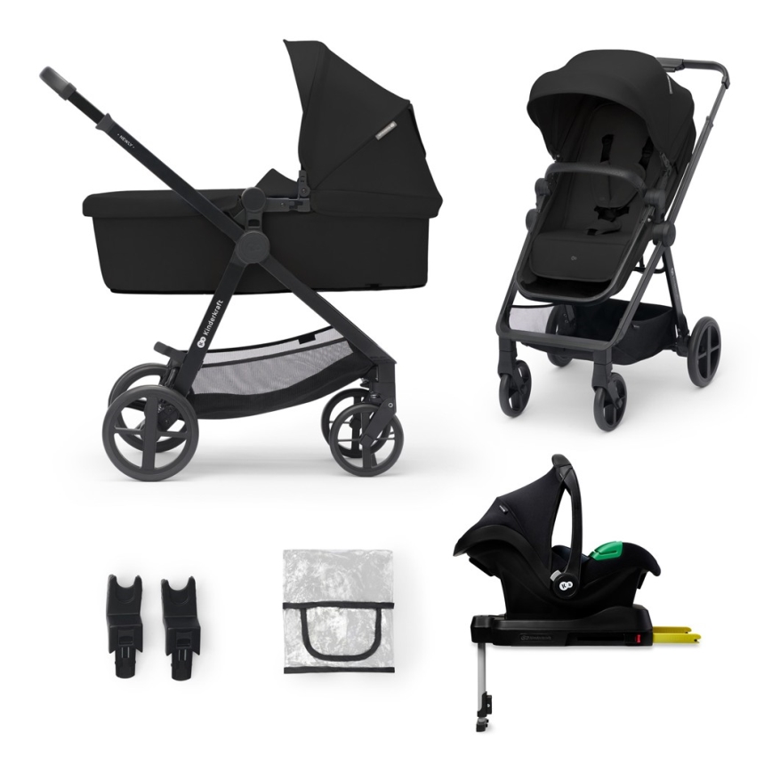 KINDERKRAFT - Combinatiekinderwagen 4v1 NEWLY Klassiek zwart + autostoel MINK PRO met basis ISOFIX