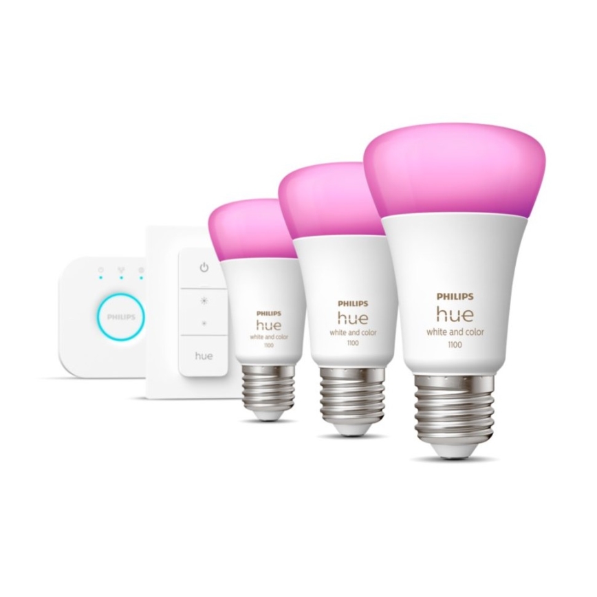 Pack de démarrage Philips Hue WHITE AND COLOR AMBIANCE 3xE27/9W 2000–6500 K + pont Hue et télécommande à variateur