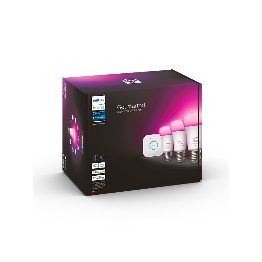 Pack de démarrage Philips Hue WHITE AND COLOR AMBIANCE — 3 ampoules E27 9W 230V 2000–6500K + pont Hue