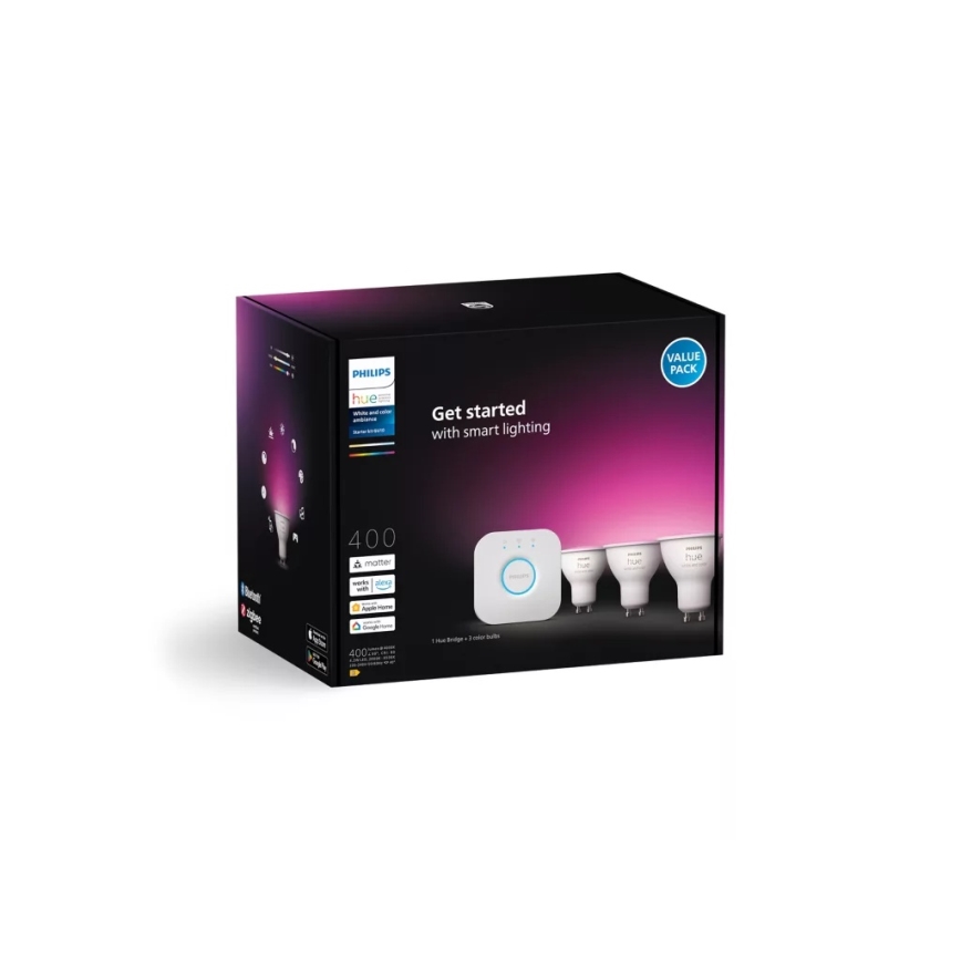 Kit de démarrage Philips Hue WHITE AND COLOR AMBIANCE 3xGU10/4,2W/230V 2200-6500K + Hue Bridge