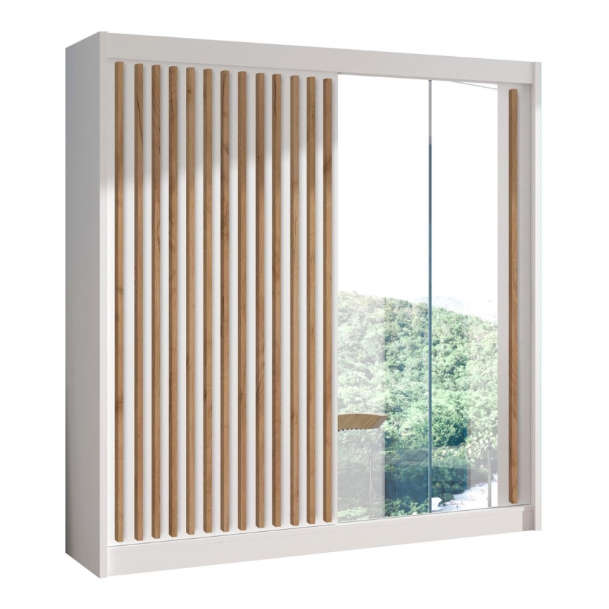 Kledingkast met spiegel SANTINO 203x215 cm wit/eiken craft