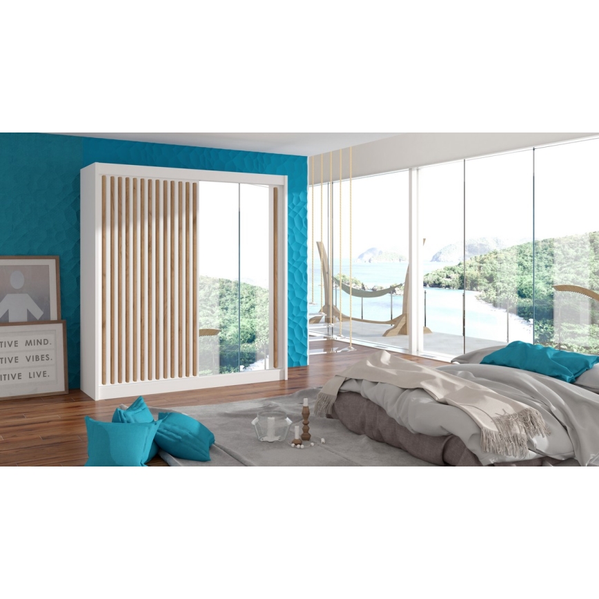 Kledingkast met spiegel SANTINO 203x215 cm wit/eiken craft