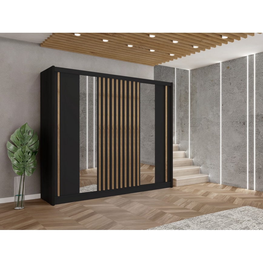 Kledingkast met spiegel SANTINO 250x215 cm zwart/craft eiken