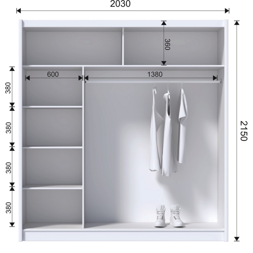 Kledingkast met spiegel SABRINA 203x215 cm wit