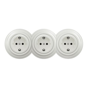 Kliklap - Drievoudig retro wandcontactdoos met SCHUKO-frame 230 V, wit