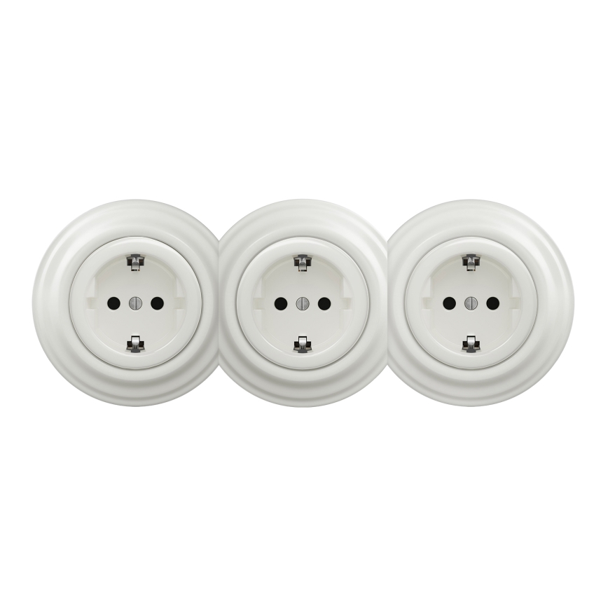 Kliklap - Drievoudig retro wandcontactdoos met SCHUKO-frame 230 V, wit