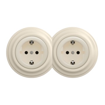 Kliklap - Dubbel retro stopcontact voor huishoudelijk gebruik met afdekplaat SCHUKO 230V/16A, beige