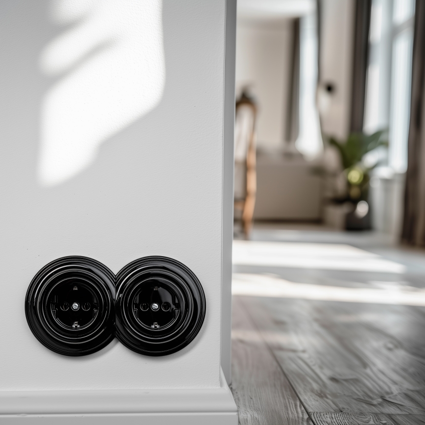 Kliklap - Dubbel retro wandcontactdoos voor huishoudelijk gebruik met frame, SCHUKO, 230 V, zwart