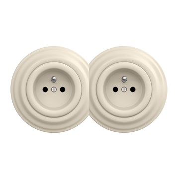 Kliklap - Dubbele retro wandcontactdoos met afdekraam 230V beige