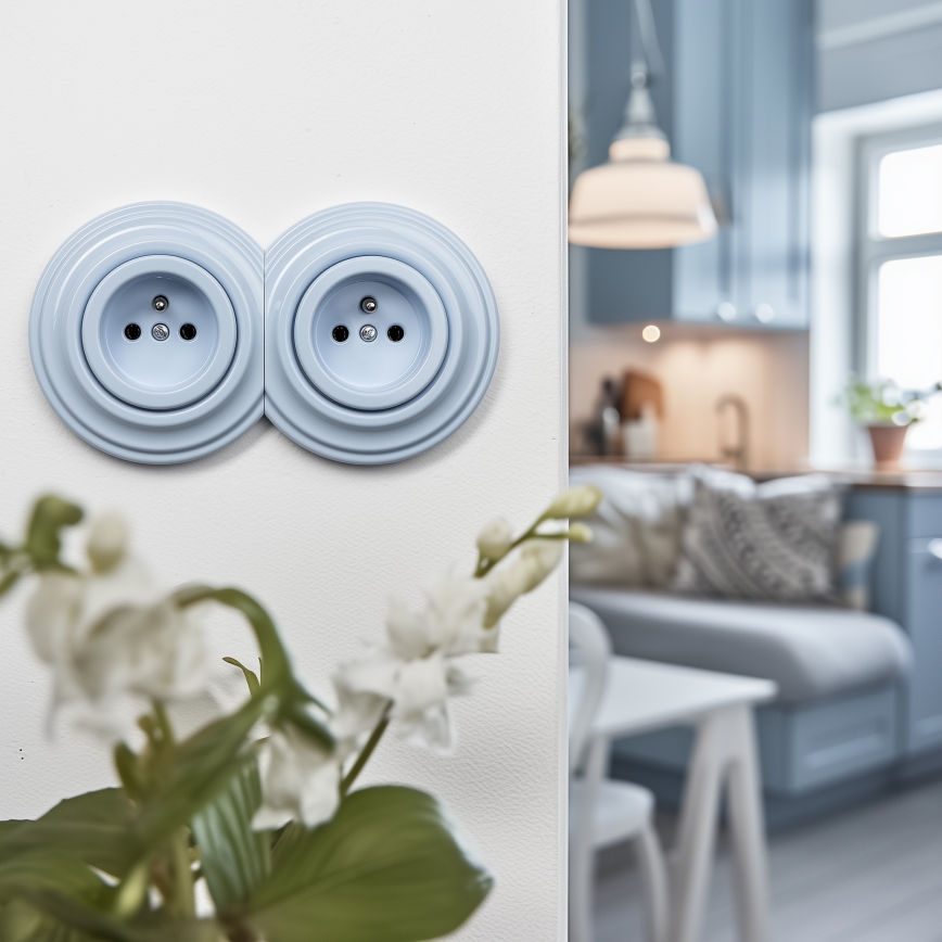 Kliklap - Dubbele retro-wandcontactdoos met afdekraam 230V, blauw