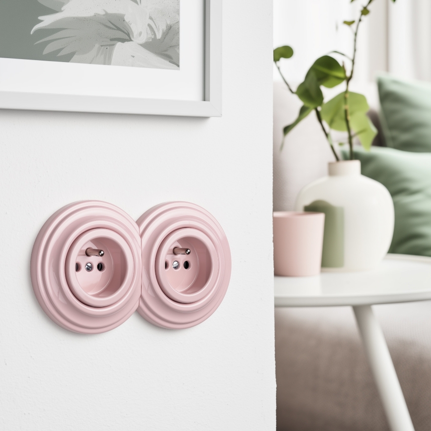 Kliklap - Dubbele retro wandcontactdoos met afdekraam 230V oudroze