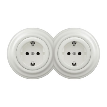Kliklap - Dubbele retro-wandcontactdoos met afdekraam SCHUKO 230V/16A, wit keramiek