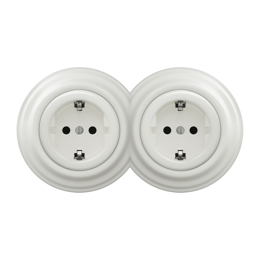 Kliklap - Dubbele retro wandcontactdoos met frame SCHUKO 230V/16A, wit