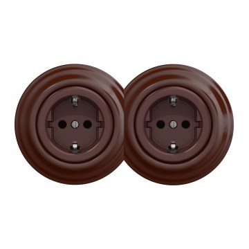 Kliklap - Dubbele retro-wandcontactdoos met SCHUKO-afdekraam, 230V, bruin
