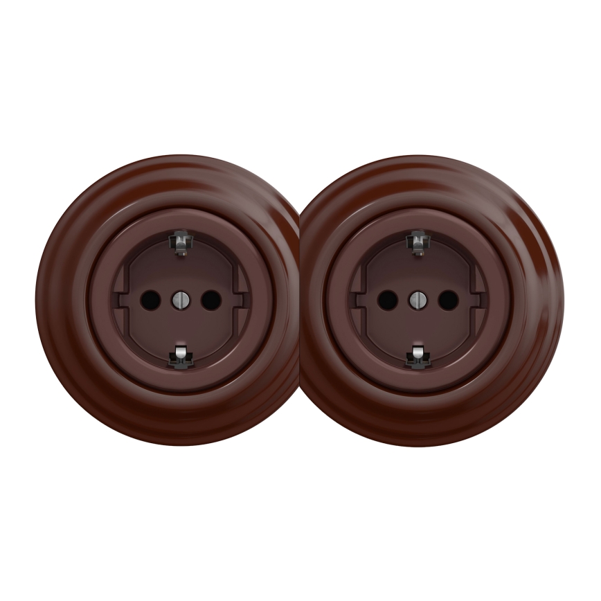Kliklap - Dubbele retro-wandcontactdoos met SCHUKO-afdekraam, 230V, bruin
