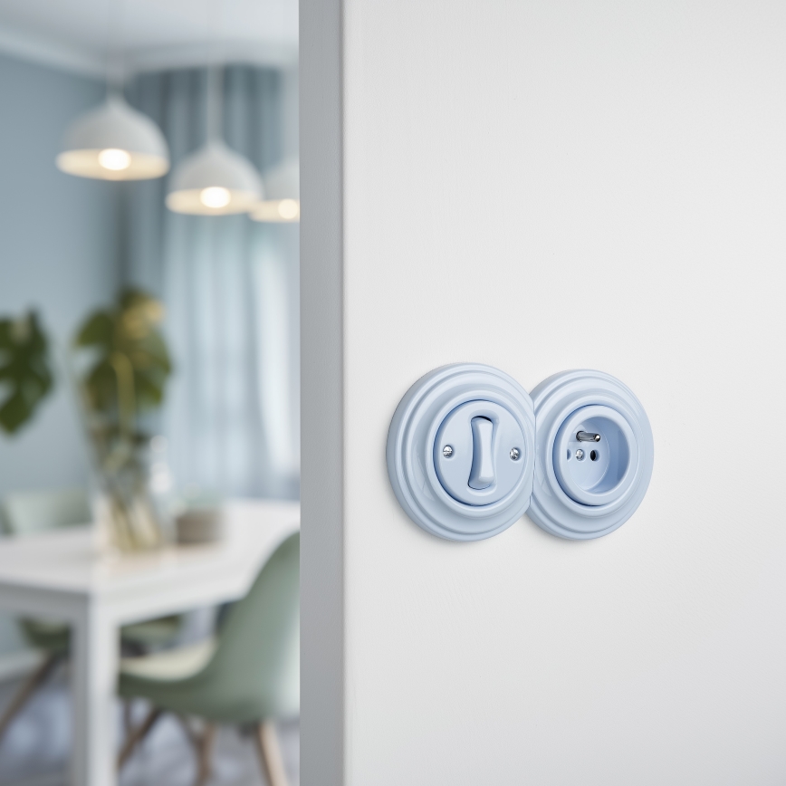 Kliklap - Interrupteur unipolaire rétro n° 1 et prise 230 V avec cadre, bleu