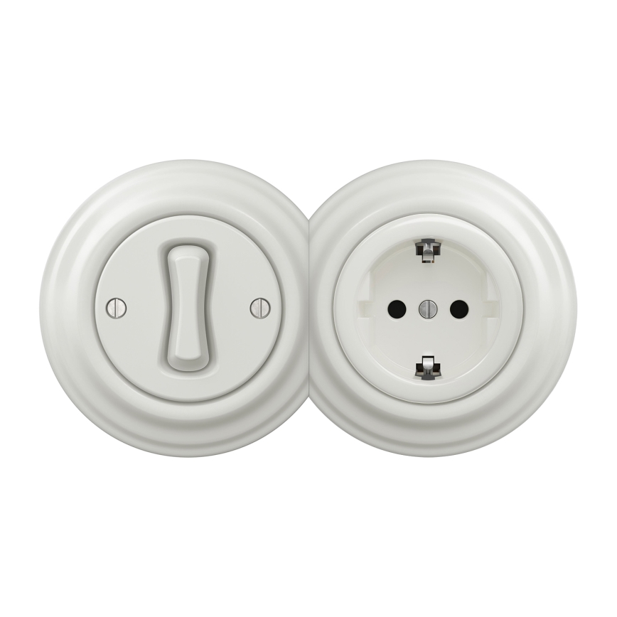 Kliklap - Interrupteur unipolaire rétro n° 1 et prise SCHUKO 230 V avec cadre blanc