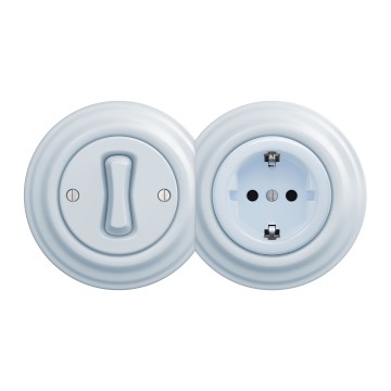 Kliklap - Interrupteur unipolaire rétro n° 1 et prise SCHUKO 230 V avec cadre bleu