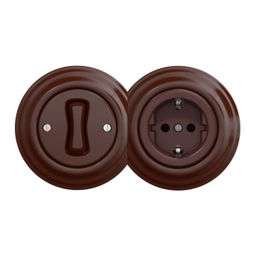 Kliklap - Interrupteur unipolaire rétro n° 1 et prise SCHUKO 230 V avec cadre, finition marron