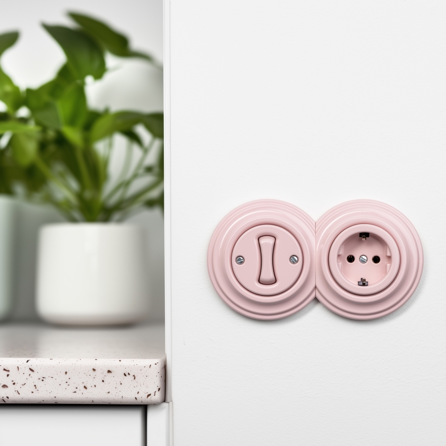 Kliklap - Interrupteur unipolaire rétro n° 1 et prise SCHUKO 230 V avec cadre, vieux rose
