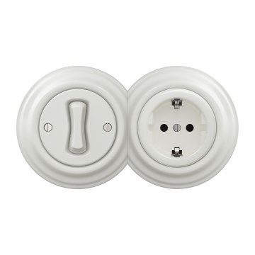 Kliklap - Interrupteur unipolaire rétro n°1 et prise SCHUKO 230 V avec cadre en céramique blanche