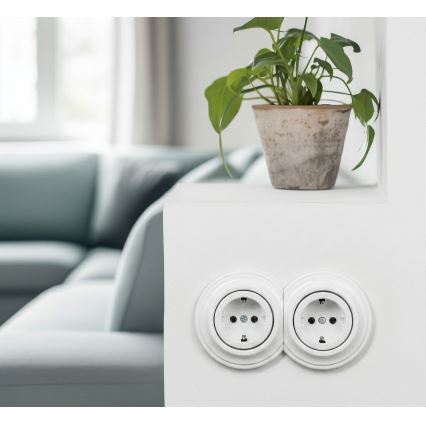 Kliklap - Prise double murale rétro pour habitation avec enjoliveur SCHUKO, 230 V, blanc neige
