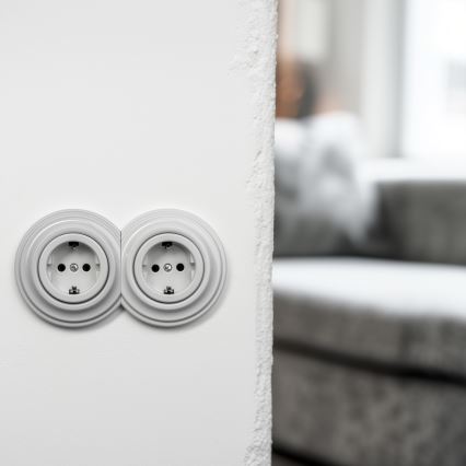 Kliklap - Prise murale double rétro avec cadre, type SCHUKO 230 V/16 A, en céramique blanche