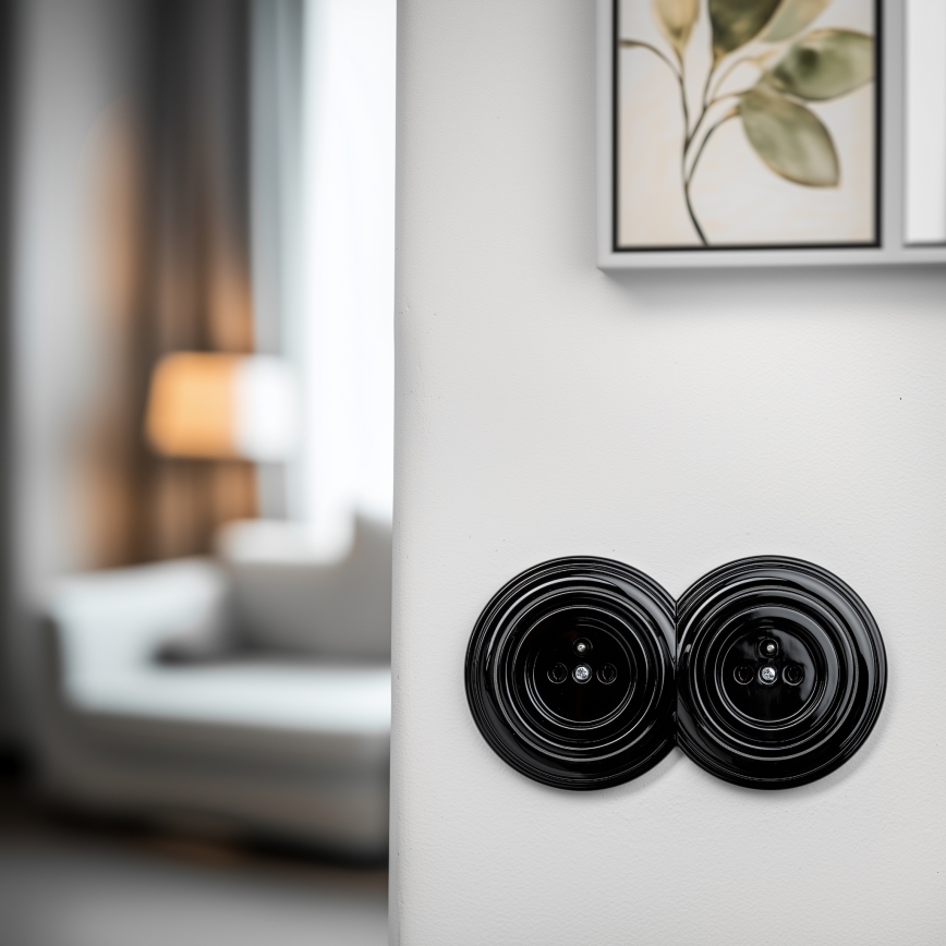 Kliklap - Prise murale double au style rétro avec plaque n°1, finition noire