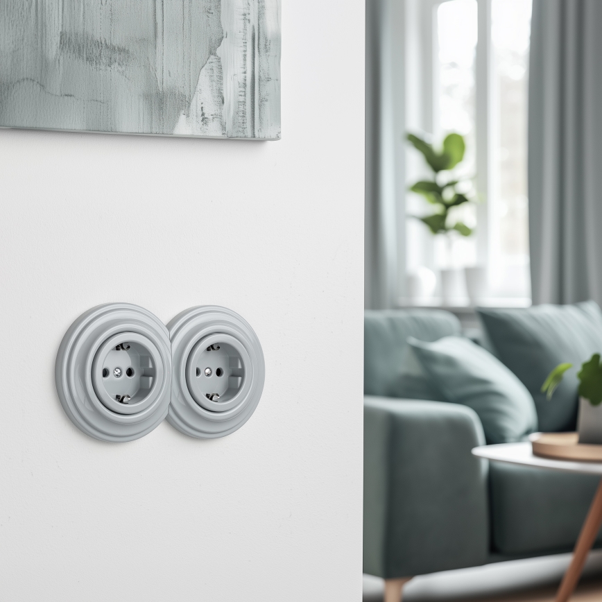 Kliklap - Prise murale double rétro avec cadre SCHUKO 230 V gris