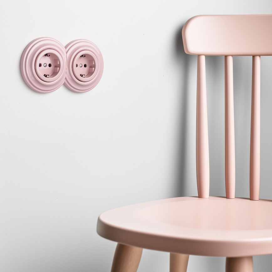 Kliklap - Prise murale double rétro avec cadre SCHUKO 230V/16A rose poudré