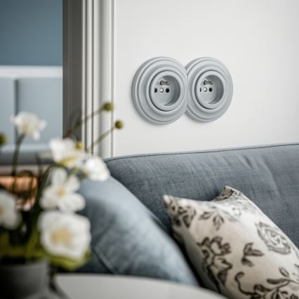 Kliklap - Prise murale double style rétro avec cadre, 230 V, gris