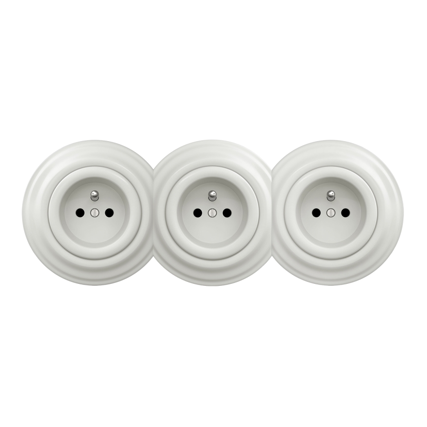 Kliklap - Prise murale triple rétro avec cadre, 230 V, blanche
