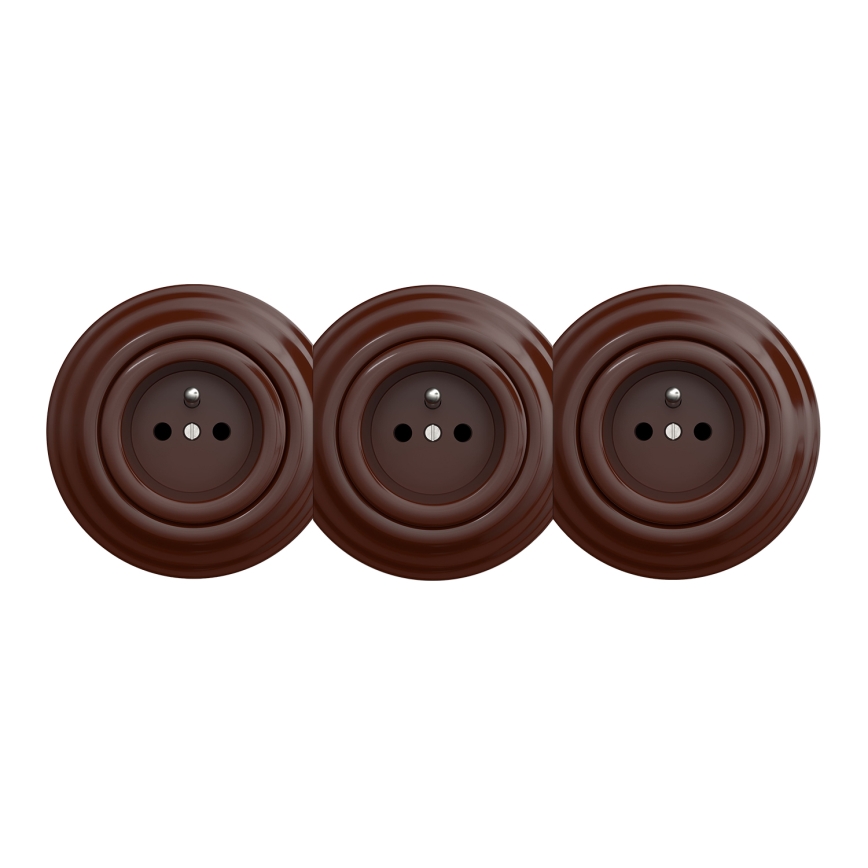 Kliklap - Prise murale triple rétro avec cadre, 230 V, marron