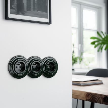 Kliklap - Prise murale triple rétro avec cadre, 230 V, verte