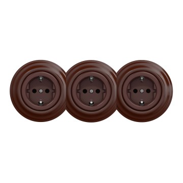 Kliklap - Prise murale triple rétro avec cadre SCHUKO 230 V, marron