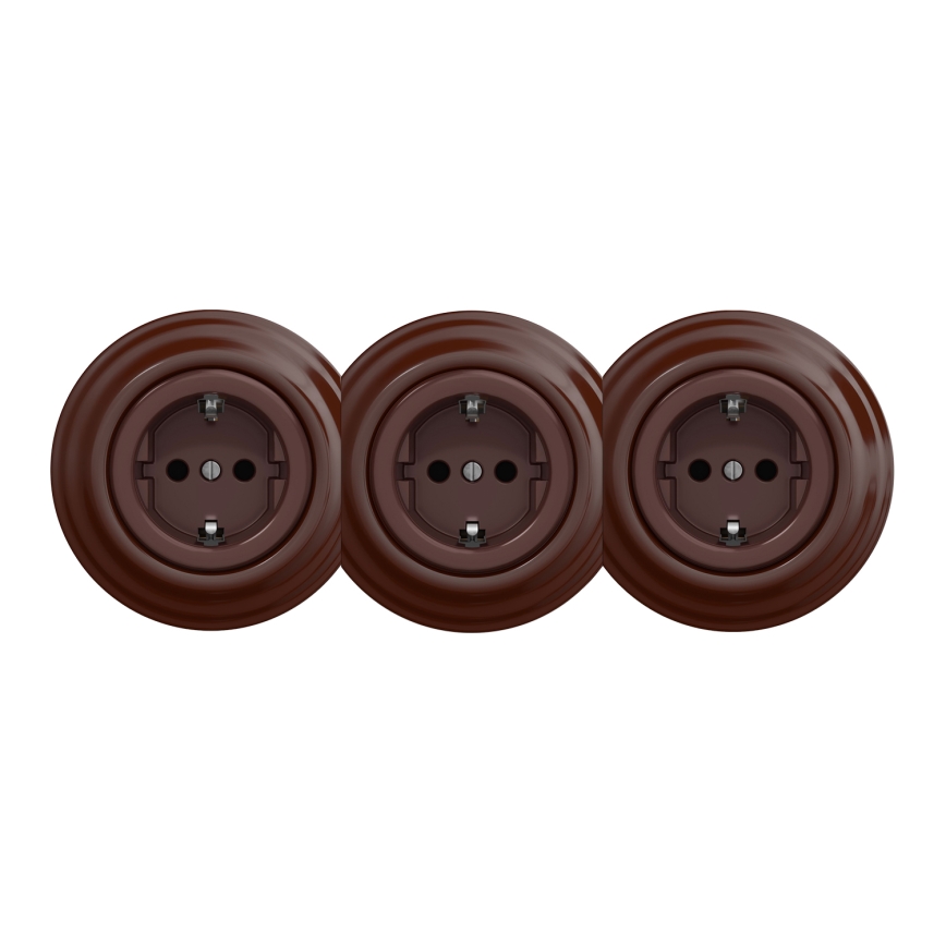 Kliklap - Prise murale triple rétro avec cadre SCHUKO 230 V, marron