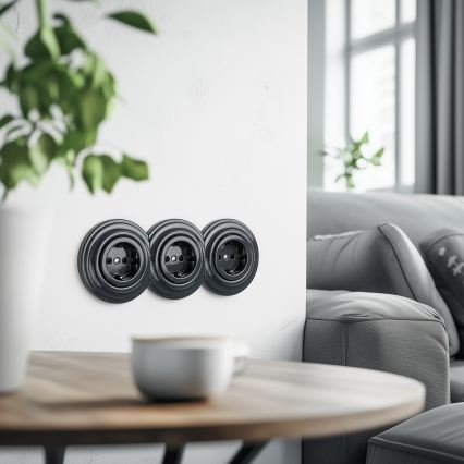 Kliklap - Prise triple rétro domestique avec cadre SCHUKO 230 V, anthracite