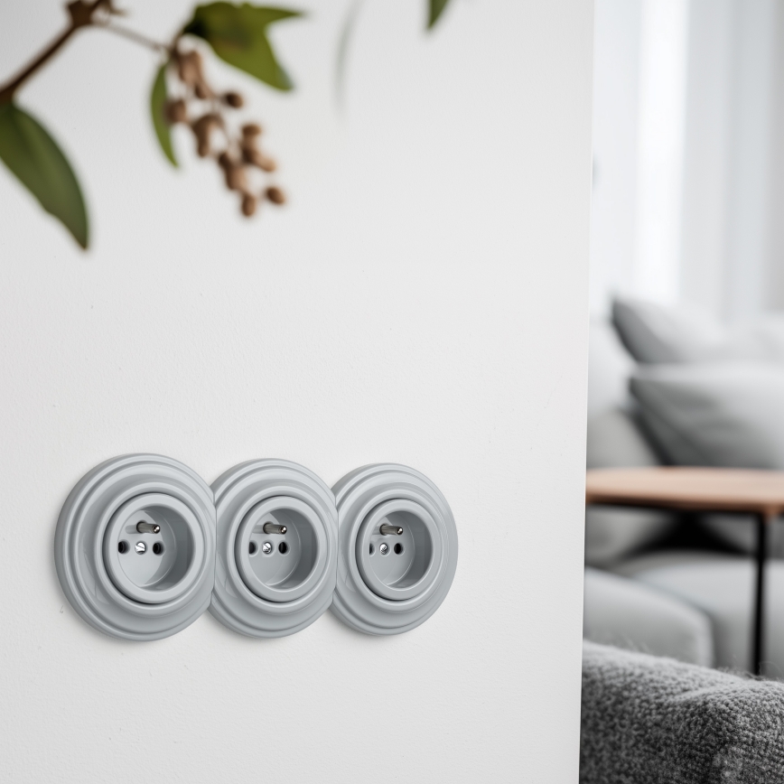 Kliklap - Prise triple rétro pour usage domestique avec cadre, 230 V, grise