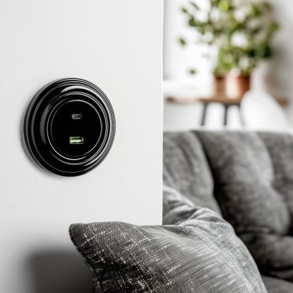 Kliklap - Prise USB rétro A+C avec cadre noir