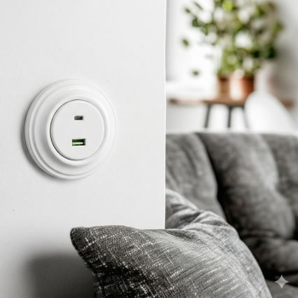 Kliklap - Prise USB rétro Type-A + Type-C avec cadre blanc neige