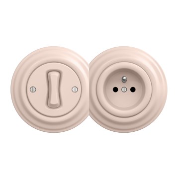 Kliklap - Retro eenpolige schakelaar nr. 1 en 230V stopcontact met afdekraam, oudroze