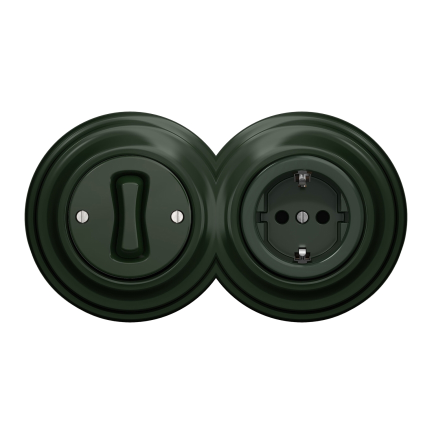 Kliklap - Retro eenpolige schakelaar nr. 1 en SCHUKO-stopcontact 230V met groen frame