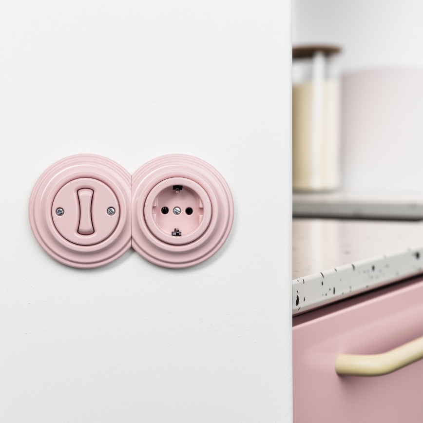 Kliklap - Retro eenpolige schakelaar nr. 1 en SCHUKO-stopcontact 230V met afdekraam oudroze
