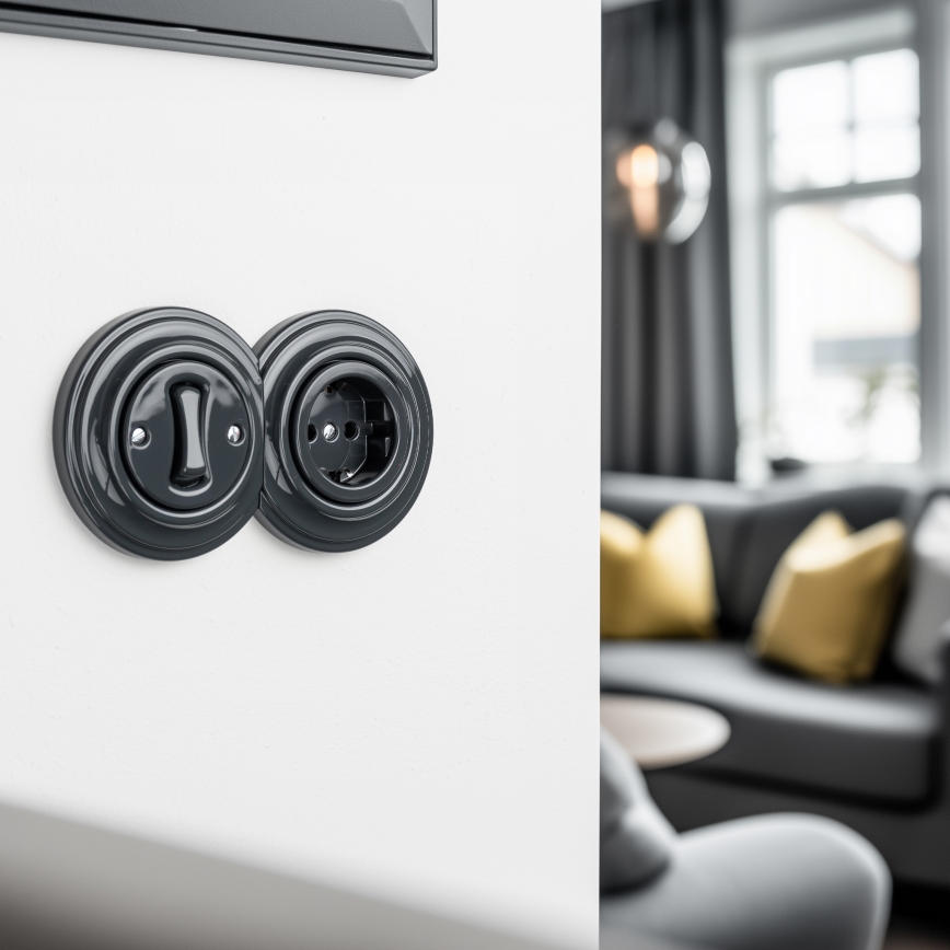 Kliklap - Interrupteur unipolaire rétro n° 1 et prise SCHUKO 230 V avec plaque anthracite